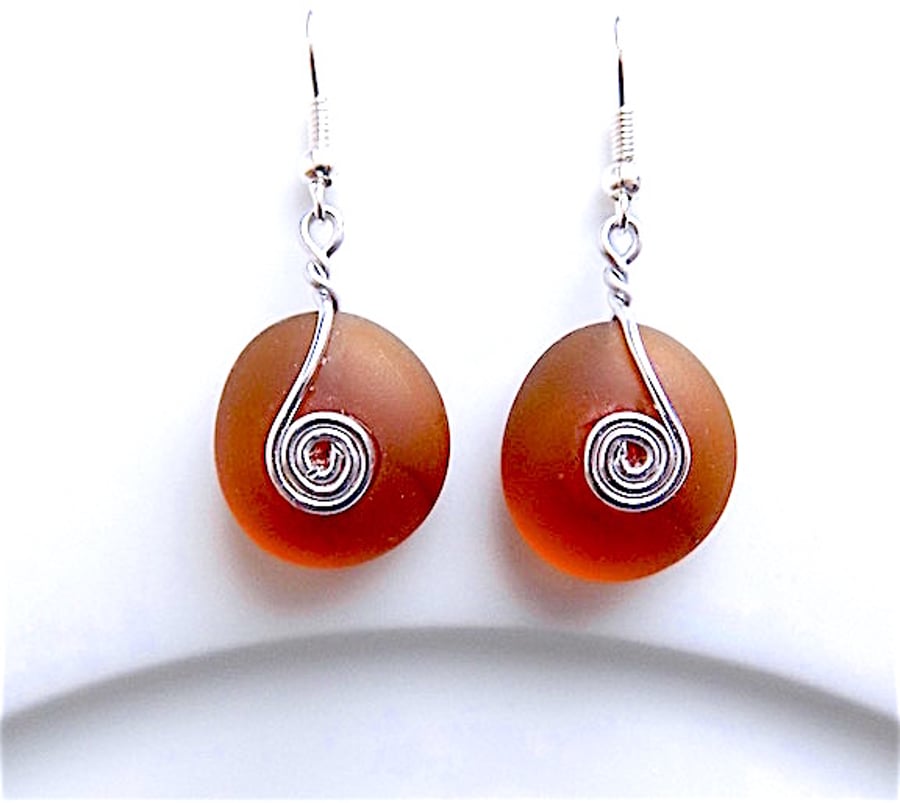 Amber sea glass dangle earrings, for pierced ears.