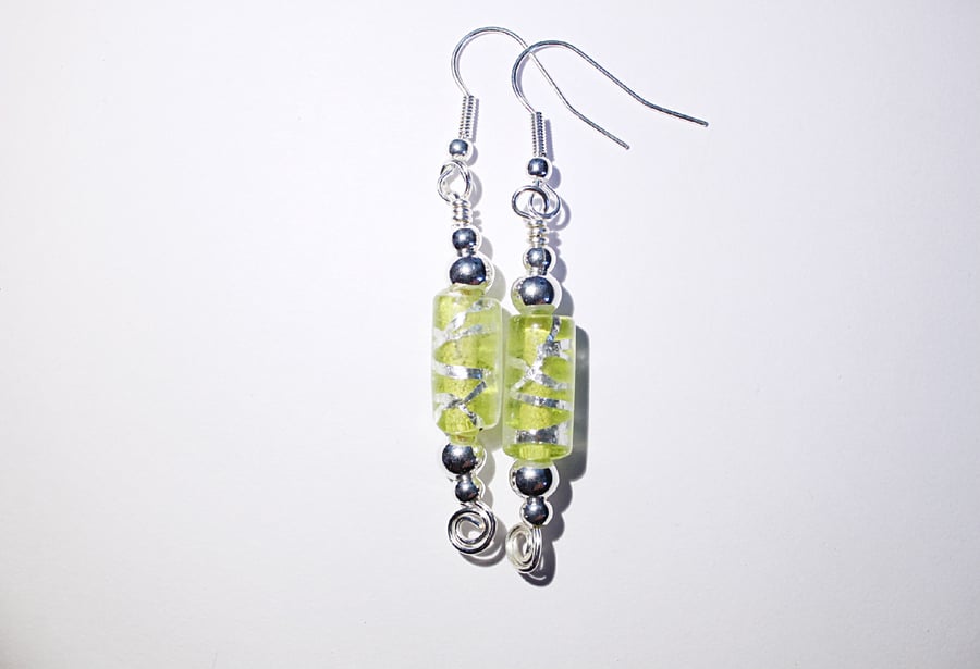 Lime green and silver cylinder glass bead dangle earrings