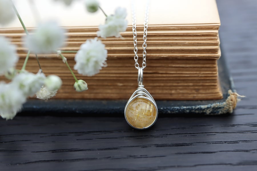 Golden Rutile Quartz Wire Wrapped Necklace in Sterling Silver