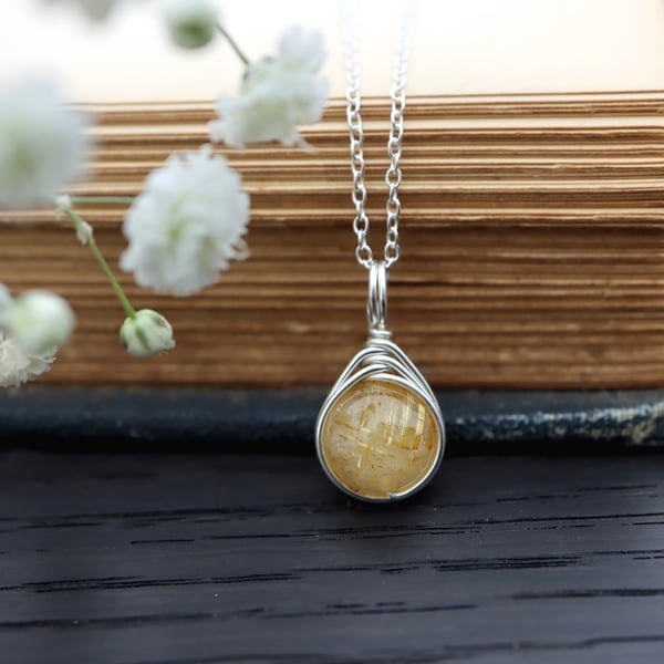 Golden Rutile Quartz Wire Wrapped Necklace in Sterling Silver