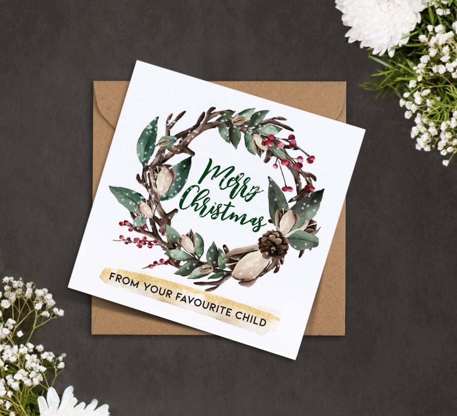 Personalised Merry CHRISTMAS card foliage wreath red berries pine cones, antlers