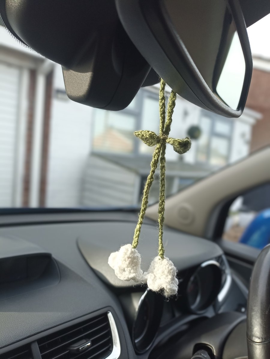 Crochet Lily of the valley charm, Car assessor, bag charm, Headphone accessory