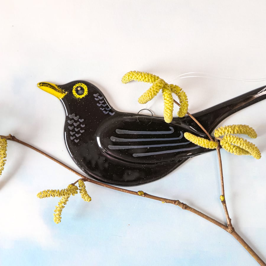 Blackbird Fused Glass Hanging - Garden Bird - Sun Catcher Ornament 