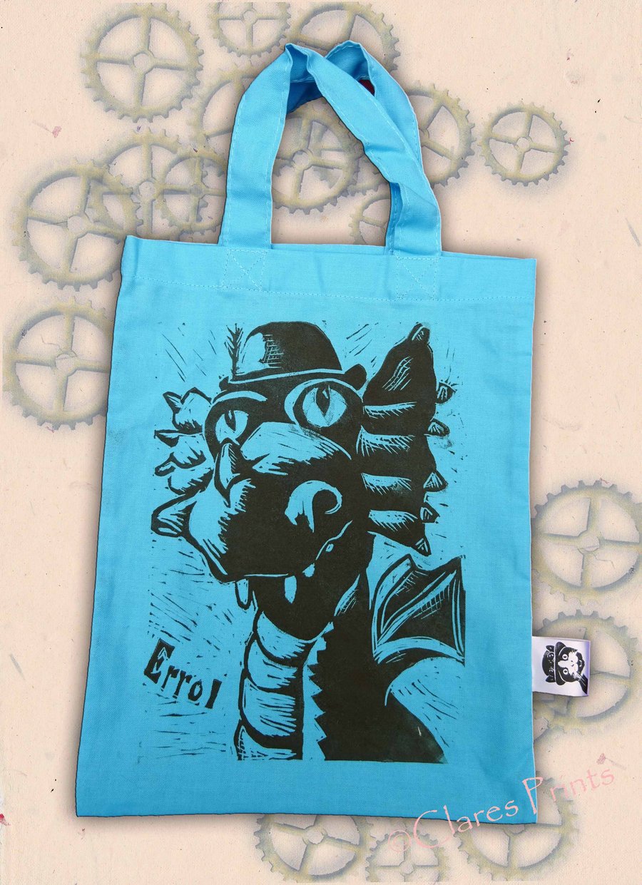Steampunk Dragon Tote Hand Printed Blue Mini Tote Shopping Bag