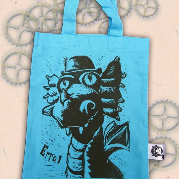 Steampunk Dragon Tote Hand Printed Blue Mini Tote Shopping Bag