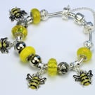 Bumble bee charm yellow silver European snake chain bracelet