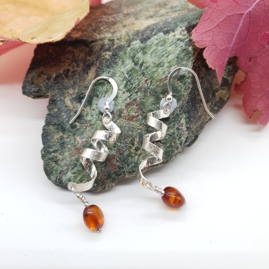 Sterling Silver Spiral Earrings With Amber Bead Drops Free UK Post