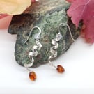 Sterling Silver Spiral Earrings With Amber Bead Drops Free UK Post