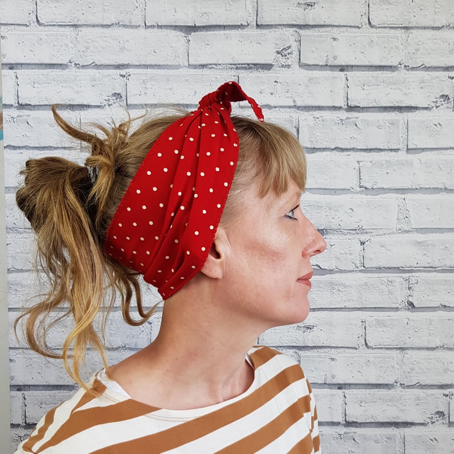 Red Polka Dot Top Knot Non Slip Headscarf