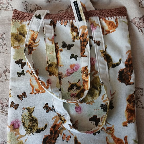 Handmade pretty cat and butterfly tote bag