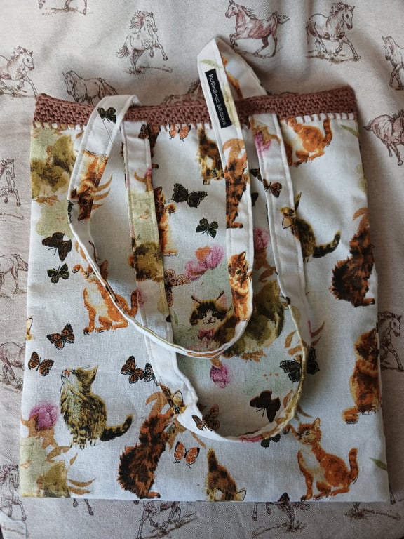 Handmade pretty cat and butterfly tote bag