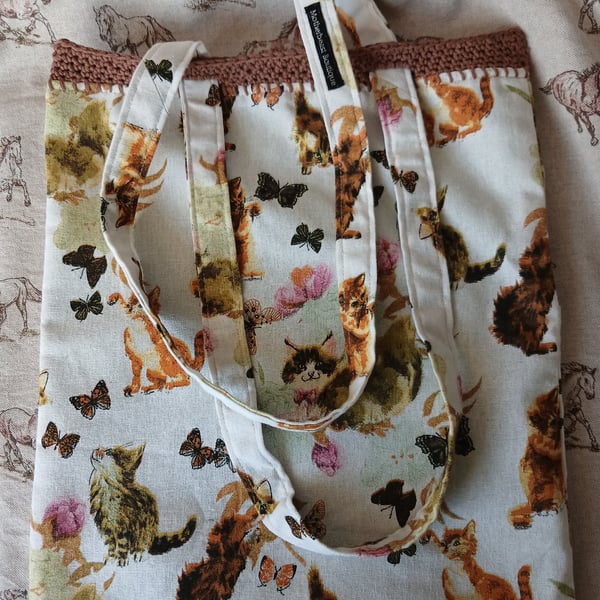 Handmade pretty cat and butterfly tote bag