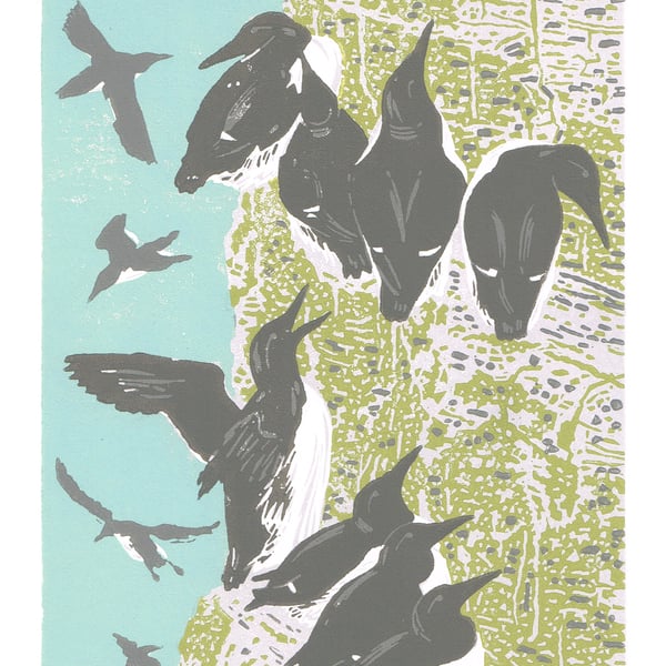 Guillemots, sea birds - Original hand cut limited edition linocut print