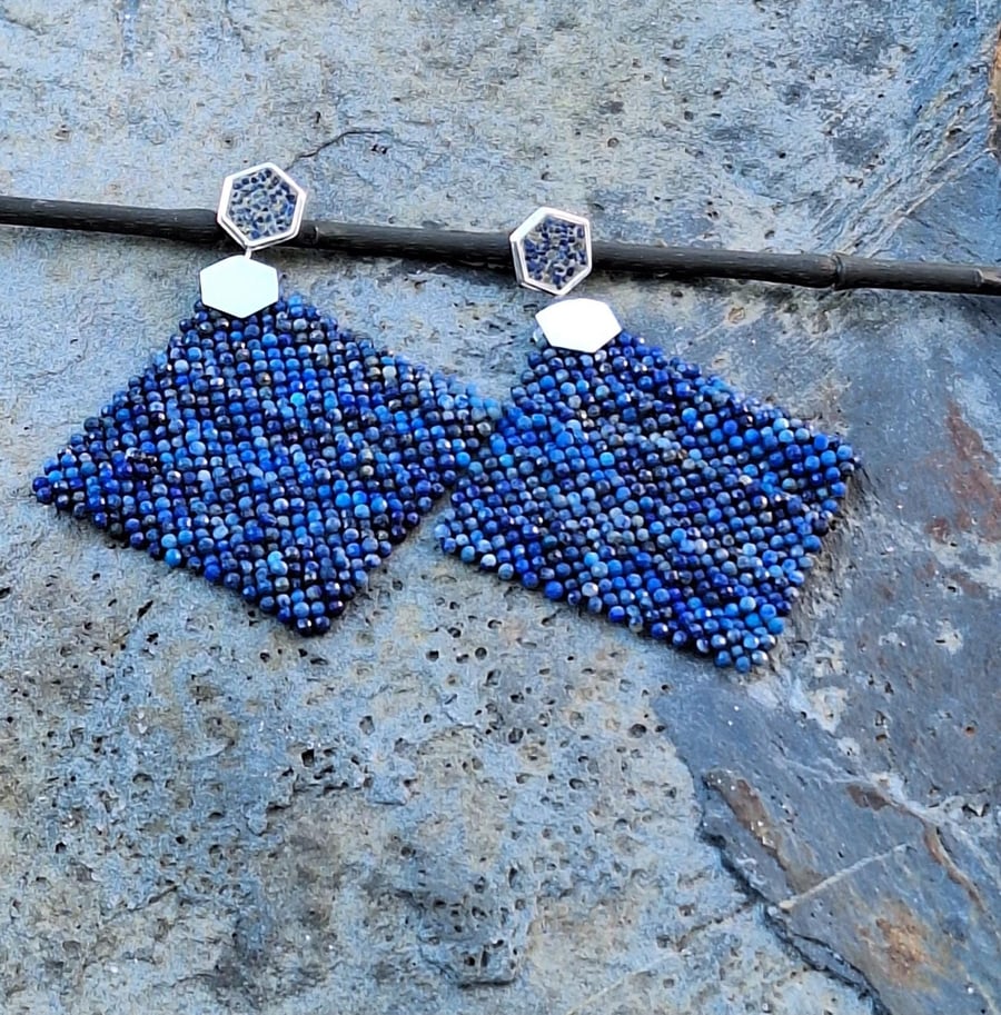 Handmade Lapis Lazuli Statement Earrings Sterling Silver Micro Mosaic