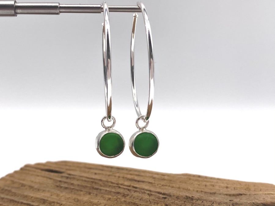 Green Sea Glass Hoop Earrings