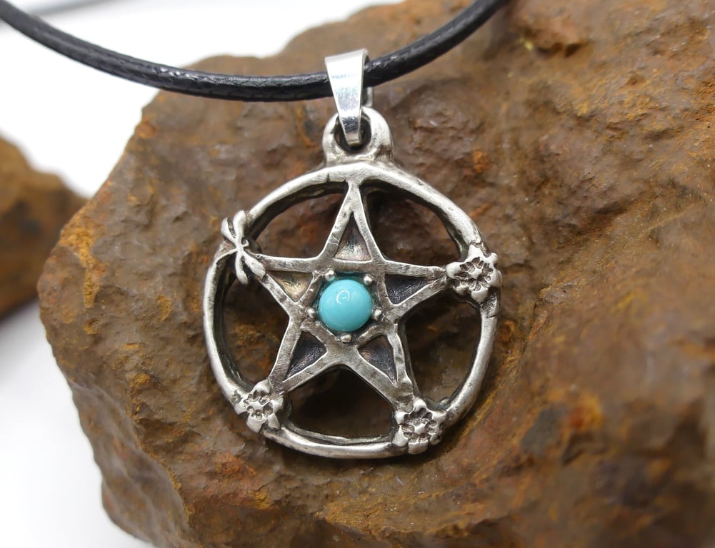 Sterling Silver Pentacle Pendant with Dragonfly, Flower & Turquoise Necklace.