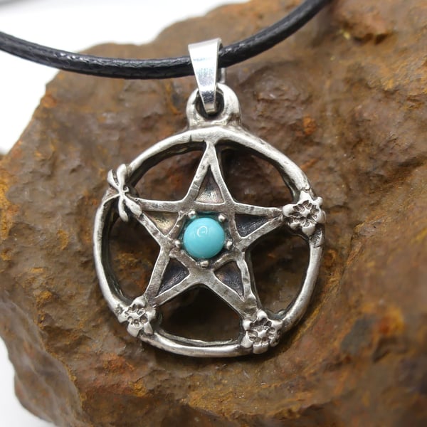 Sterling Silver Pentacle Pendant with Dragonfly, Flower & Turquoise Necklace.