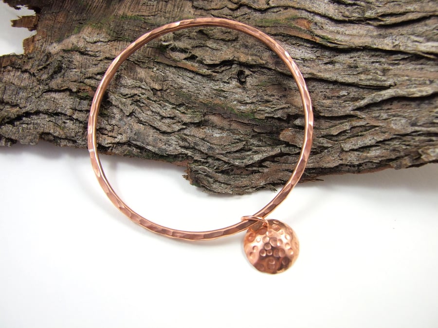 Copper Bangle, with Hammered and Domed Moon Charm