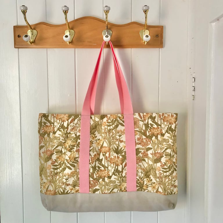 Floral Pastel Shopping Bag with Pink Handles 