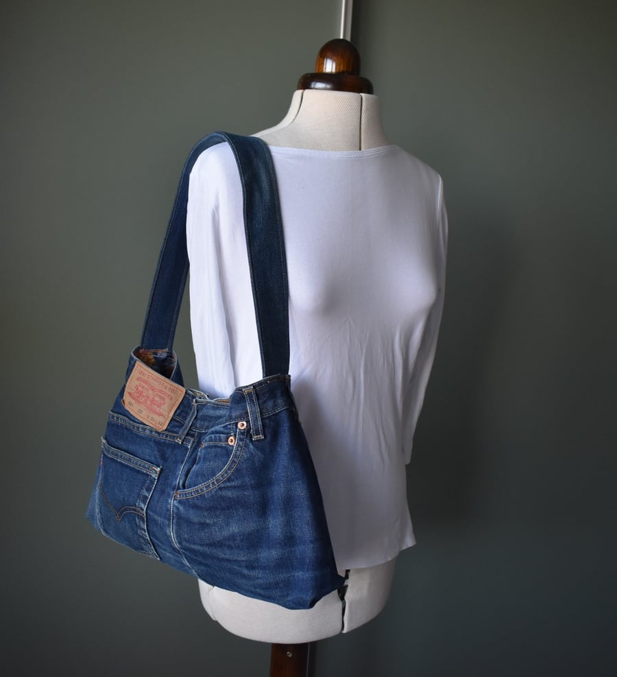 Blue denim casual shoulder bag  Boho style, sewn from preloved Levi jeans. 