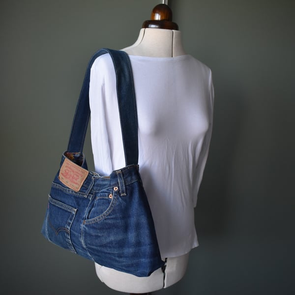 Blue denim casual shoulder bag  Boho style, sewn from preloved Levi jeans. 