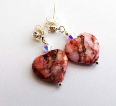 Rhodochrosite Gemstone Heart Stud Earrings