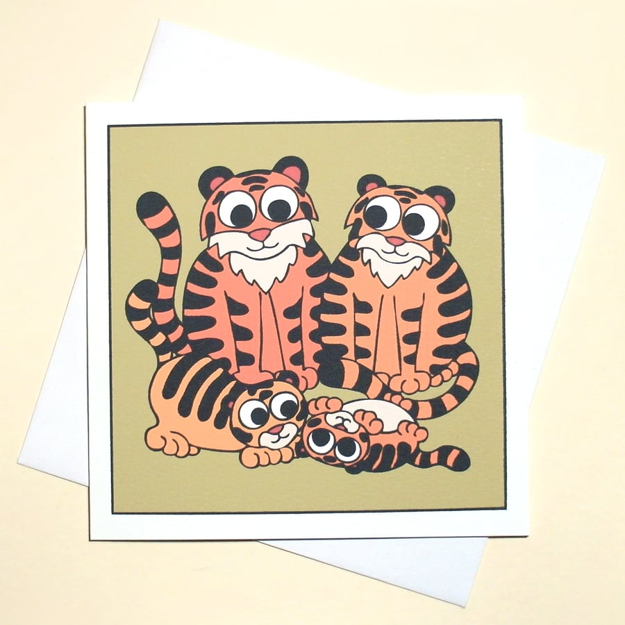 Tiger Family Card - dad's birthday or new baby card, blank inside Q-TGF