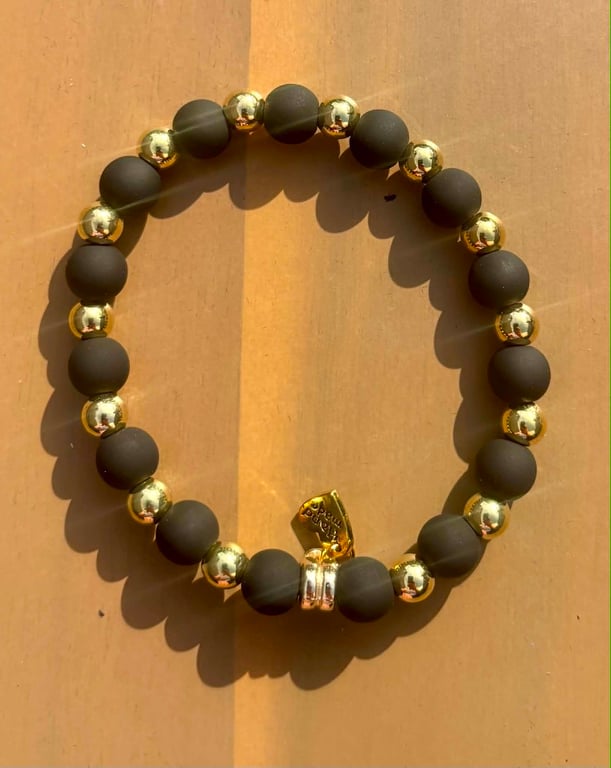 Handmade Black Beaded Bracelet with Gold-Tone Spacers