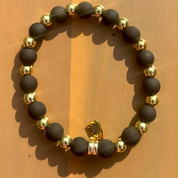 Handmade Black Beaded Bracelet with Gold-Tone Spacers