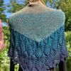 Hand knitted lace shawl wrap cape, cotton in shades of jade green and khaki