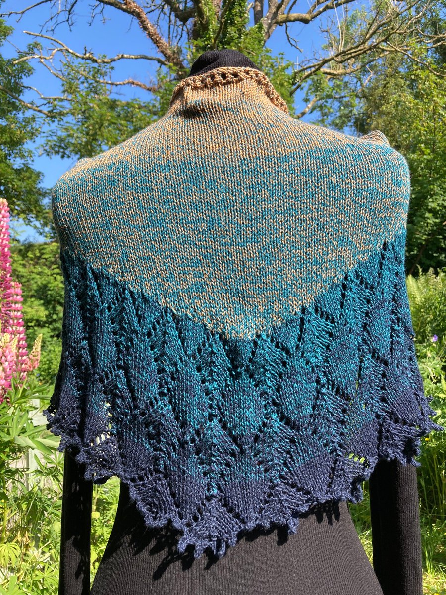 Hand knitted lace shawl wrap cape, cotton in shades of jade green and khaki