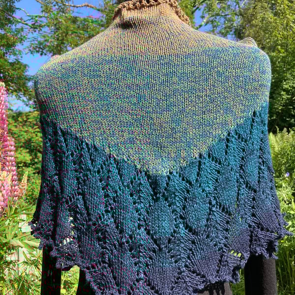 Hand knitted lace shawl wrap cape, cotton in shades of jade green and khaki