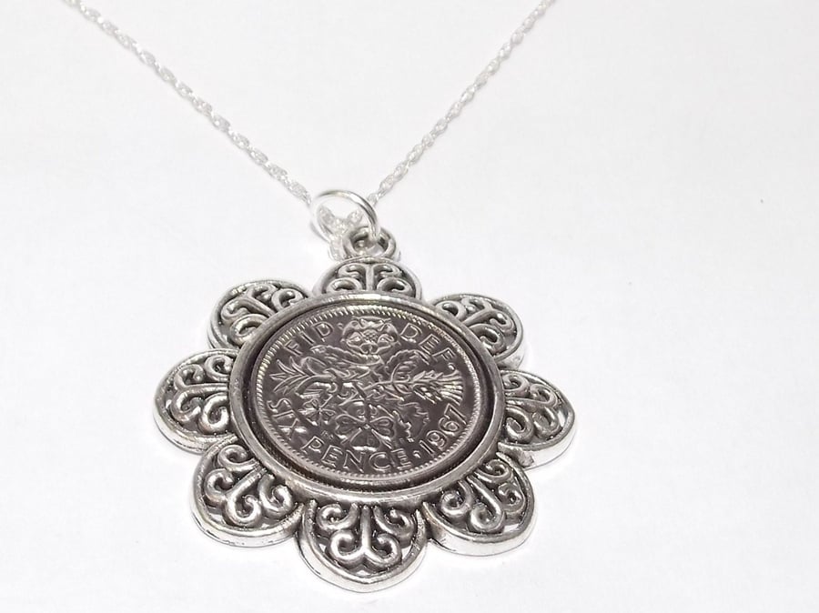 Floral Pendant 1967 Lucky sixpence 54th Birthday plus a Sterling Silver 24 in Ch