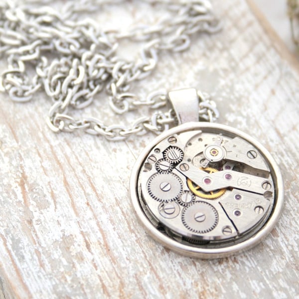 Steampunk Necklace Watch Movement Mens Necklace Vintage Clockwork Pendant