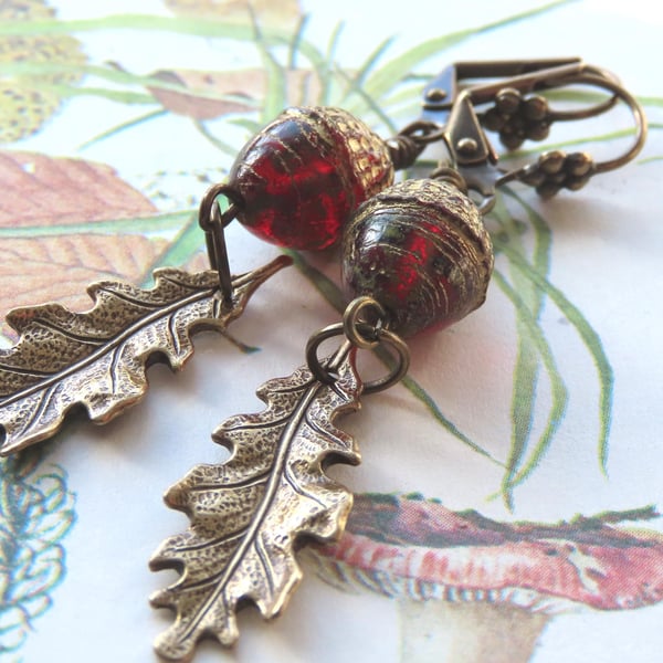 Oak Leaf Earrings, Autumn Fall Earrings, Brass Leaf and Czech Glass Red Acorn