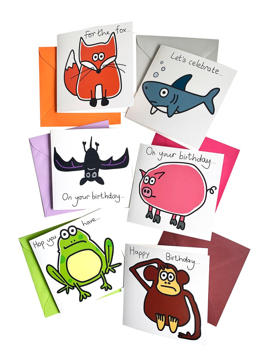 Digg Design 6pk of Cute animal design birthday cards. Coloured envelopes
