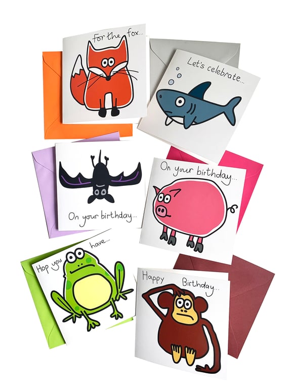 Digg Design 6pk of Cute animal design birthday cards. Coloured envelopes