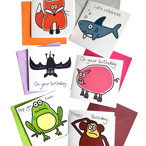 Digg Design 6pk of Cute animal design birthday cards. Coloured envelopes