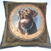 A lovely chocolate Labrador eagerly waiting cushion