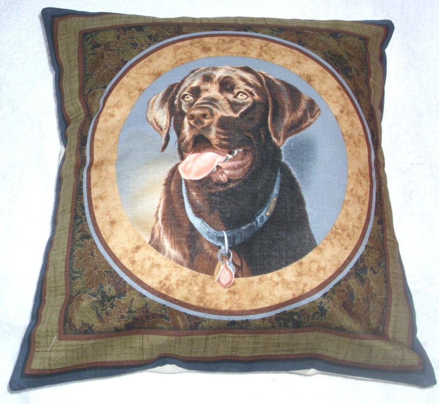 A lovely chocolate Labrador eagerly waiting cushion