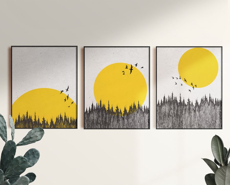 Forest and Sun Print, Set of 3 Prints