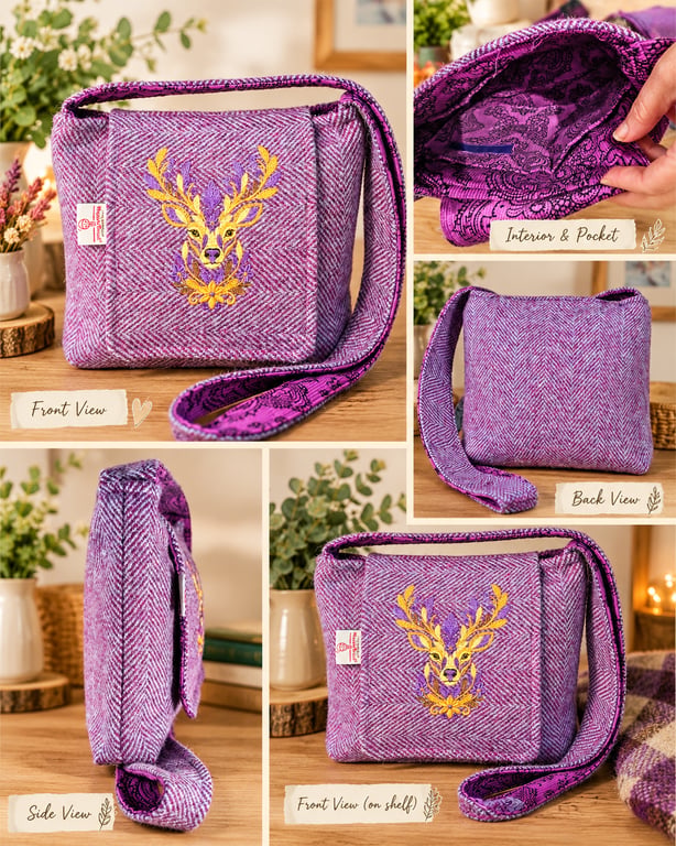 Harris tweed crossbody bag with embroidered Stag 