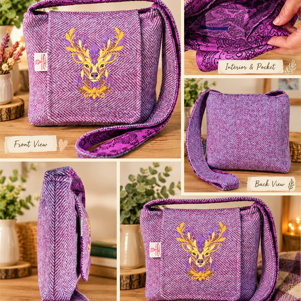 Harris tweed crossbody bag with embroidered Stag 