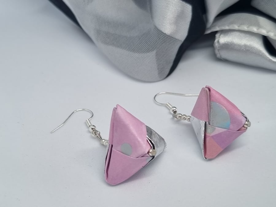 Origami earrings created with metallic paper