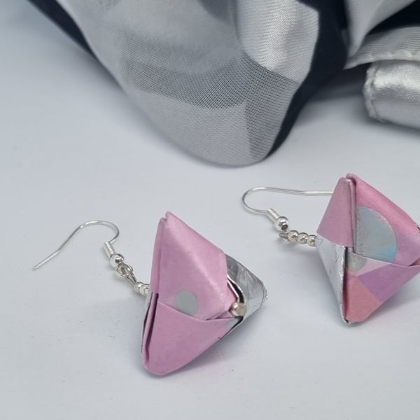 Origami earrings created with metallic paper