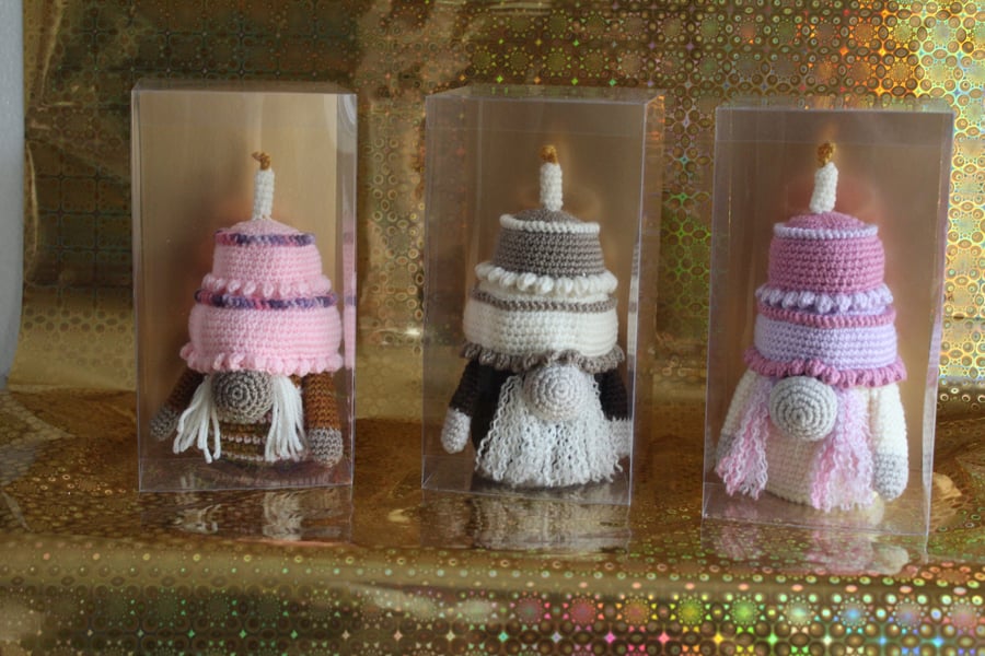 crochet Birthday cake gnomes.