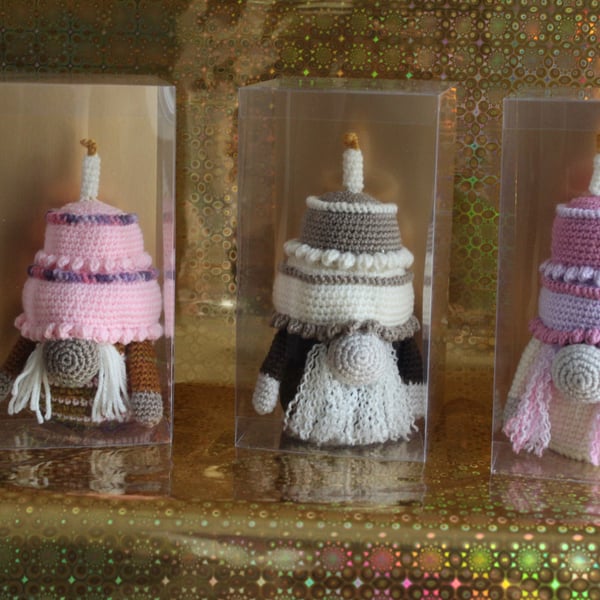 crochet Birthday cake gnomes.