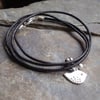 Dark brown leather wrap bracelet with silver plated bird charm