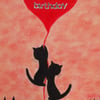 Birthday Cat Card, Birthday Heart Card, Cats Heart Card, Cat  Birthday Art Card,
