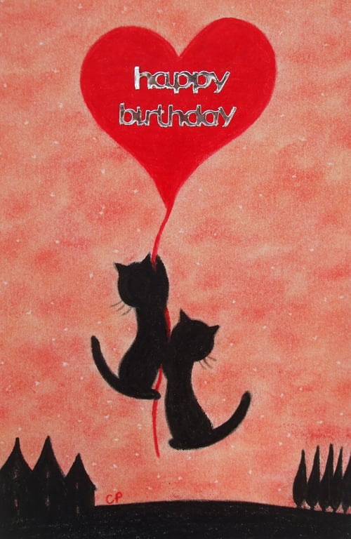 Birthday Cat Card, Heart Two Black Cats Greeting Card, Funny Birthday Art Card